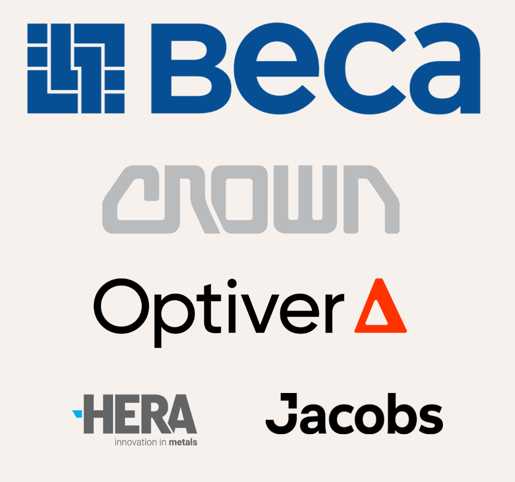 MECHA's 2023 Sponsors: Beca, Crown, Optiver, HERA and Jacobs.